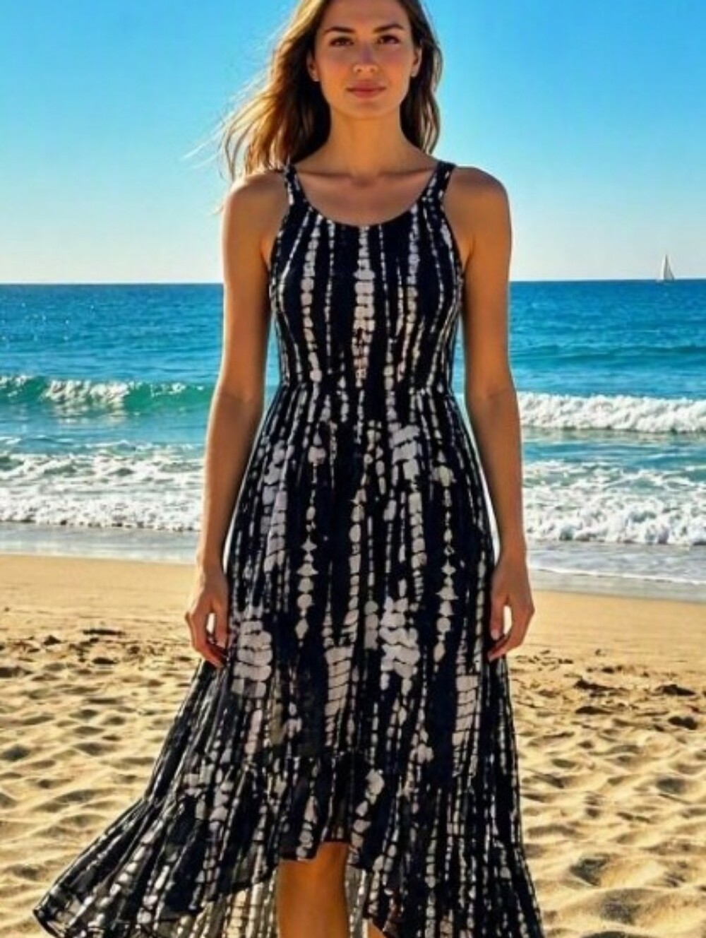 Black & Cream Print Semi Sheer Dress/Tunic/Cover Up - High Low - Racerback - M